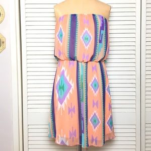 Bella D Womens Strapless Dress Medium Chiffon Peach Aztec Casual Party Blouson